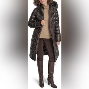 DKNY Puffer Coat XL Brown Shiny Hooded Long‎ Winter Parka New with Tags